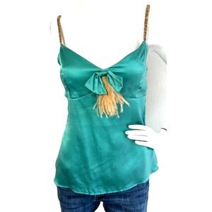 Y2K To The Max Silk Cami Top Size 8 M Embellished Bead Feather Sleeveless Jade
